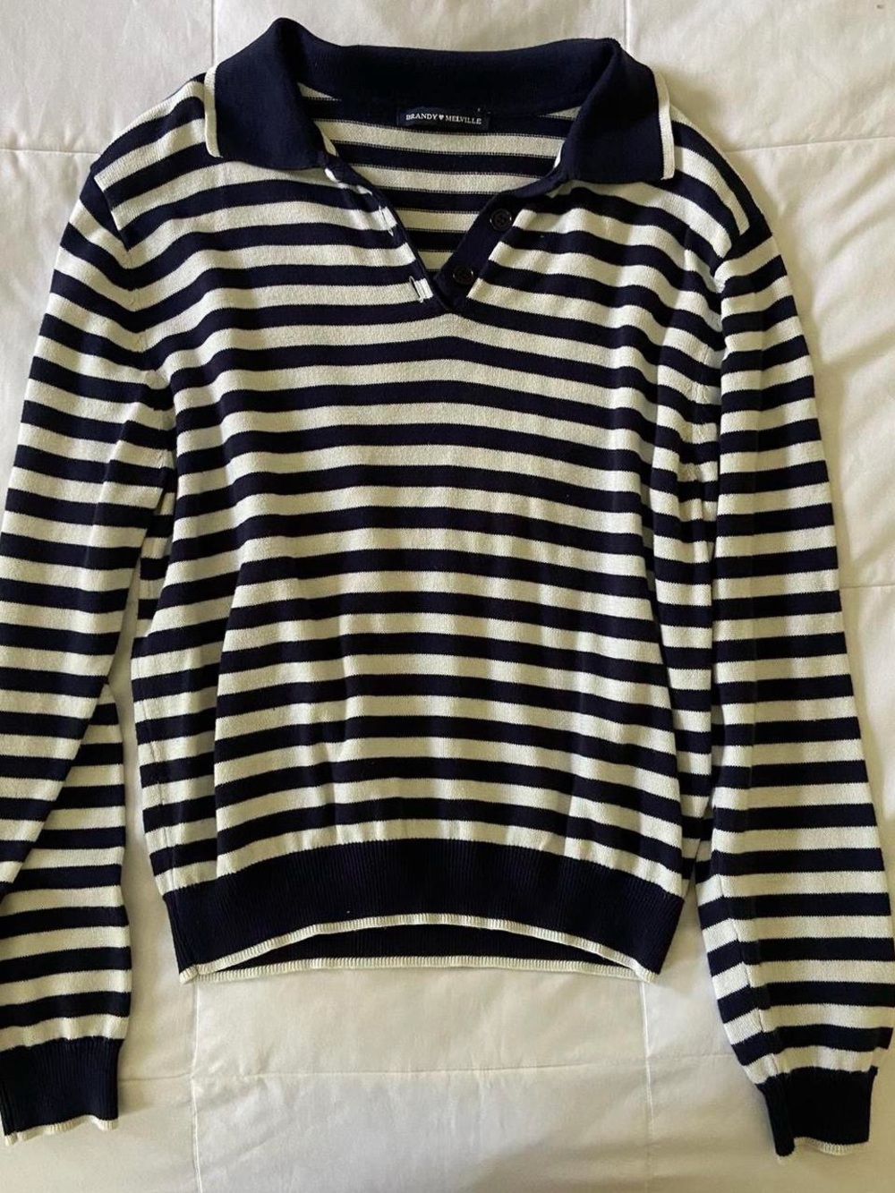 Brandy Melville Navy and Cream Striped V‑Neck Polo Sweater